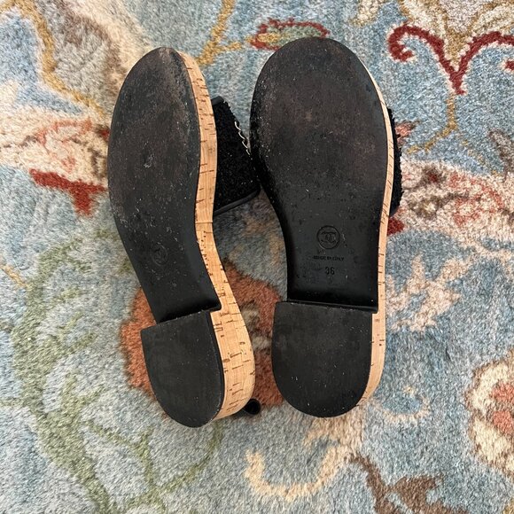 CHANEL Black Cork Tweed Leather Gold Chain Open Toe Mule Slides Sandals Size 6 - Picture 7 of 8